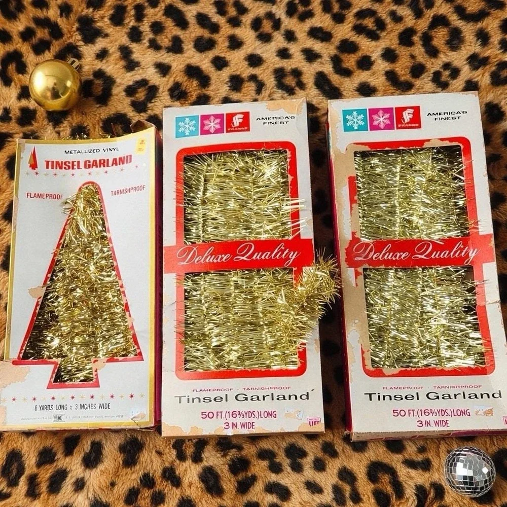 Gold Tinsel Garland Lot of 3 Metallized Christmas Tree Decor 50ft Retro Box VTG